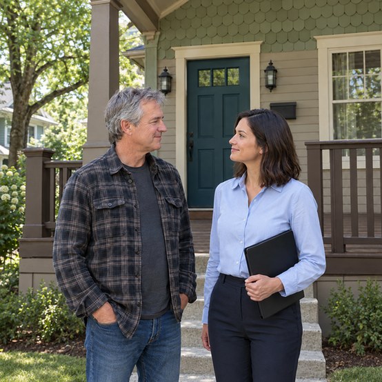 Indianapolis homeowner talking with a cash home buyer in front of the porch of an older craftsman-style home