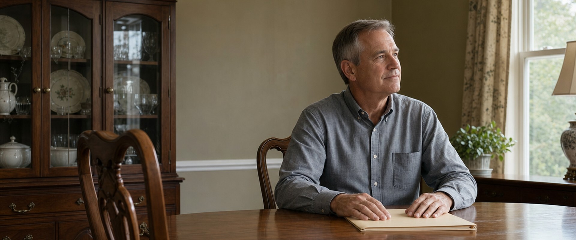 Man sitting at the dining table in his late parent's home