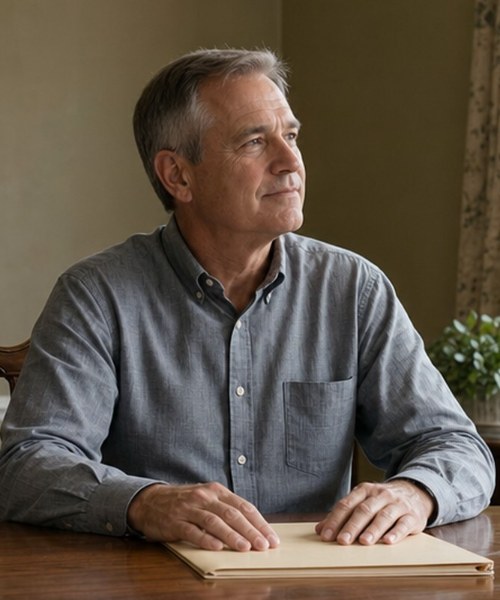 Man sitting at the dining table in his late parent's home
