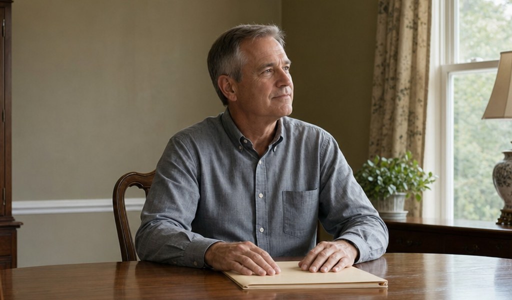 Man sitting at the dining table in his late parent's home