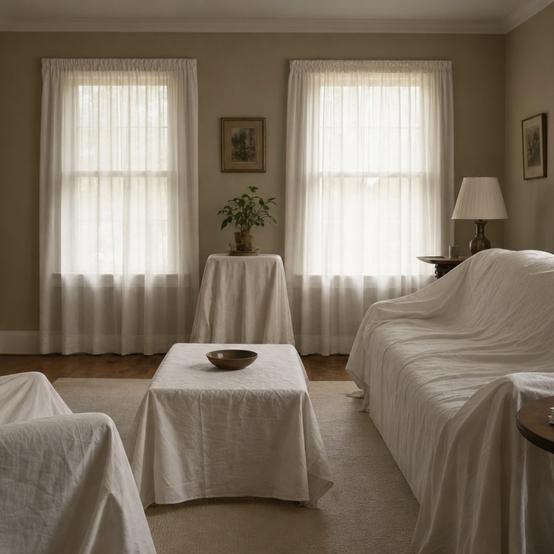 Quiet living room in an unoccupied inherited home with furniture under dust sheets
