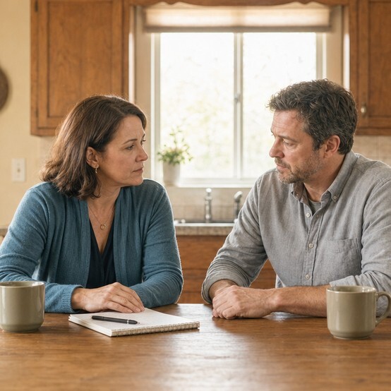 Two adult siblings talking at a kitchen table about their inherited home