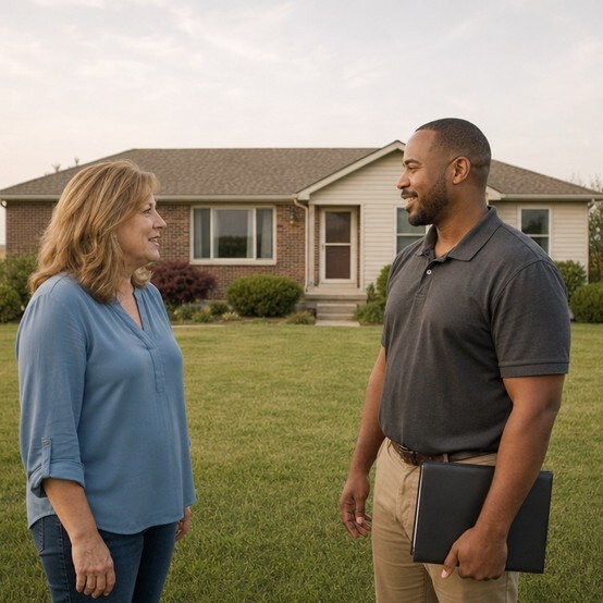 Iowa homeowner talking with a cash home buyer in her front yard