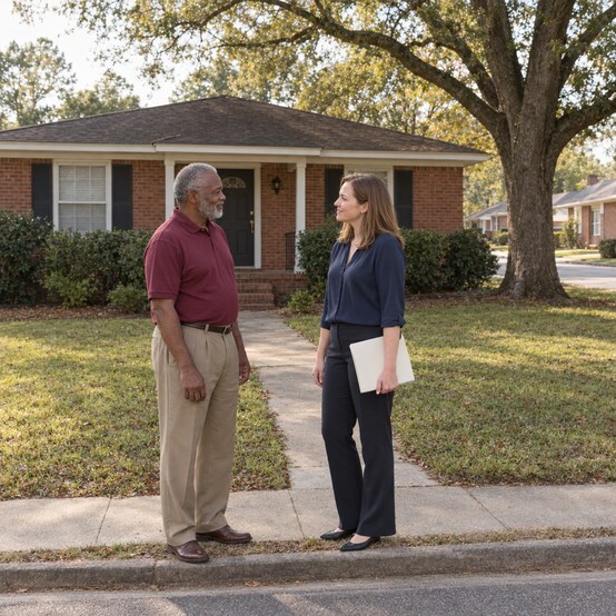 Jackson homeowner talking with a cash home buyer in front of a brick ranch home