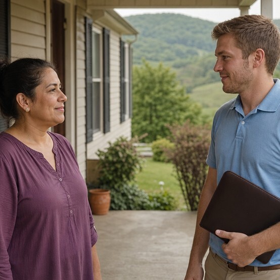 Kentucky homeowner talking with a cash home buyer on her front porch