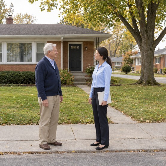 Lansing homeowner talking with a cash home buyer in front of a brick ranch home