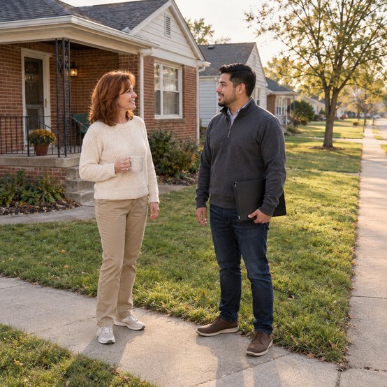 Homeowner talking with a cash home buyer outside her brick home in Lincoln