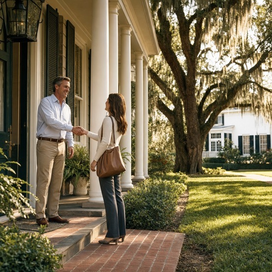Homeowner shaking hands with a buyer on the front porch of a Louisiana home with live oaks and Spanish moss
