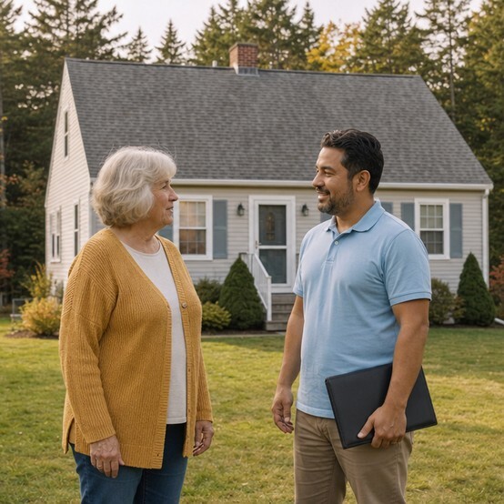 Maine homeowner talking with a cash home buyer outside her Cape-style house