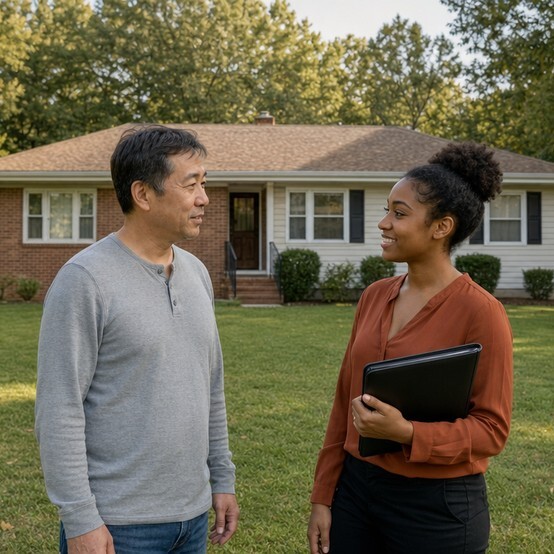 Maryland homeowner talking with a cash home buyer in his front yard