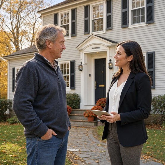 Homeowner talking with a buyer outside a white colonial home in Massachusetts