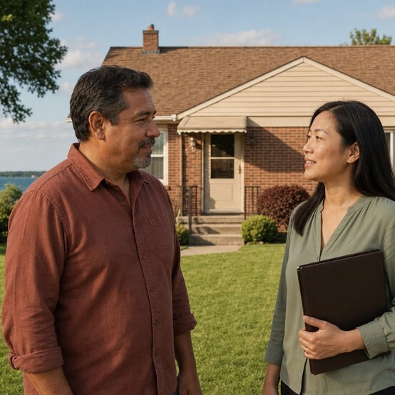 Michigan homeowner talking with a cash home buyer in his front yard