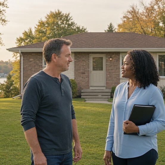 Minnesota homeowner talking with a cash home buyer in his front yard
