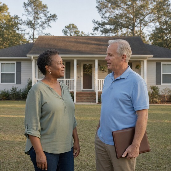Mississippi homeowner talking with a cash home buyer in the front yard of her house