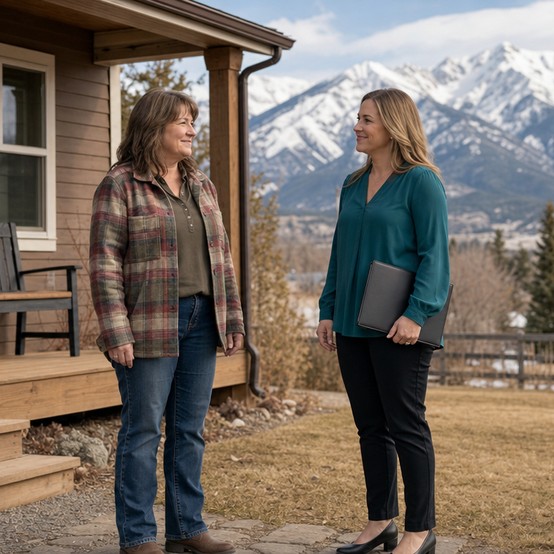 Montana homeowner talking with a cash home buyer outside her house with mountains in the background