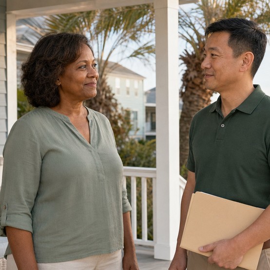 Myrtle Beach homeowner talking with a cash home buyer on her front porch