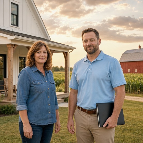 Nebraska homeowner standing with a cash home buyer outside her farmhouse with a red barn and cornfield behind them