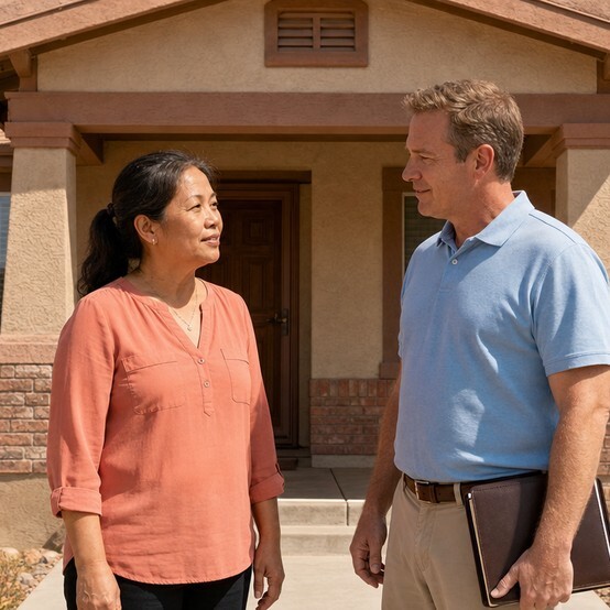 Homeowner talking with a cash home buyer on the porch of a stucco house in Nevada