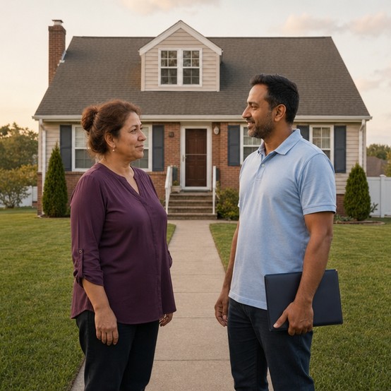 New Jersey homeowner talking with a cash home buyer on the front walkway of her Cape Cod-style home