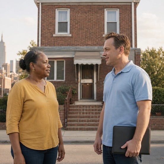 Homeowner talking with a cash home buyer in front of a brick house in New York City
