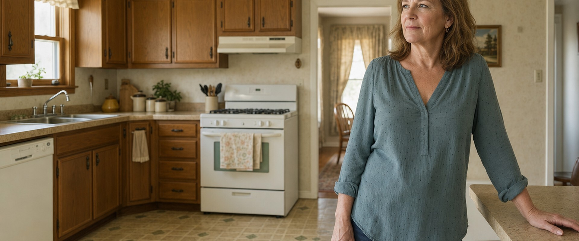 Homeowner standing in a dated kitchen that needs updates