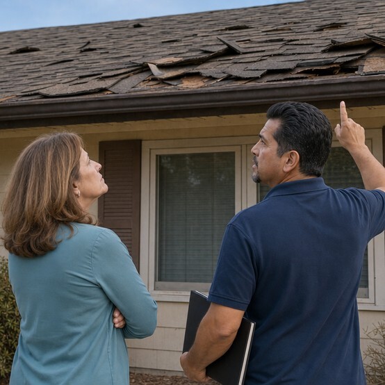 Home inspector and homeowner looking at an aging roof with damaged shingles
