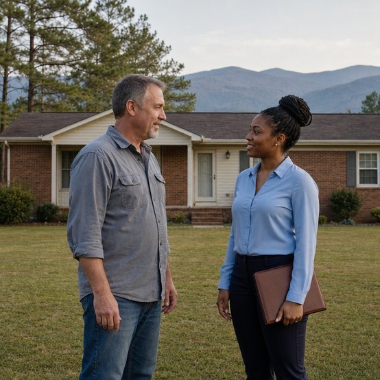 Homeowner talking with a cash home buyer in front of a brick ranch house in North Carolina
