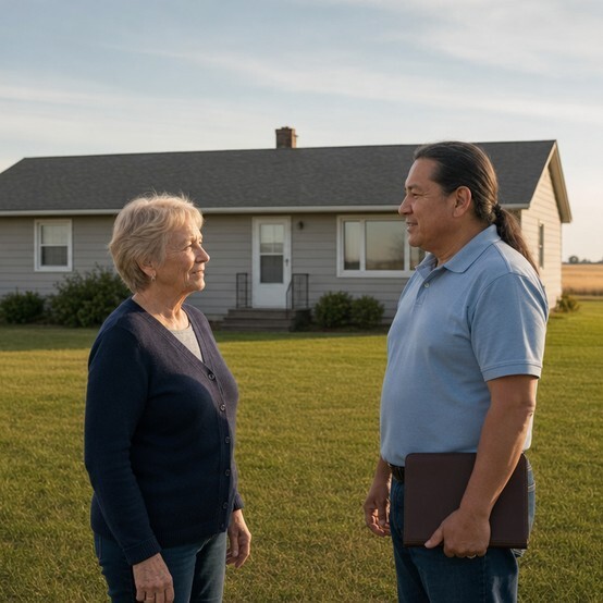 Homeowner talking with a cash home buyer in front of a ranch house in North Dakota