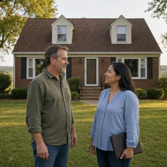 Homeowner talking with a cash home buyer in front of a brick Cape Cod house in Ohio