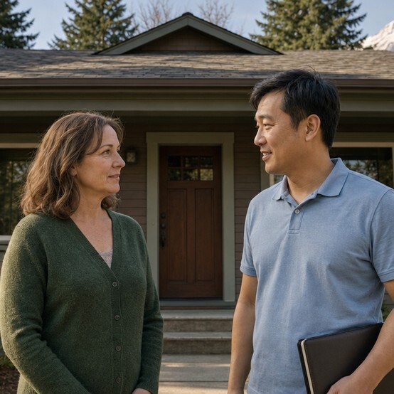 Homeowner talking with a cash home buyer in front of a craftsman-style house in Oregon