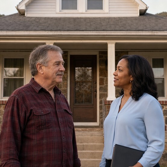Homeowner talking with a cash home buyer in front of a stone house in Pennsylvania