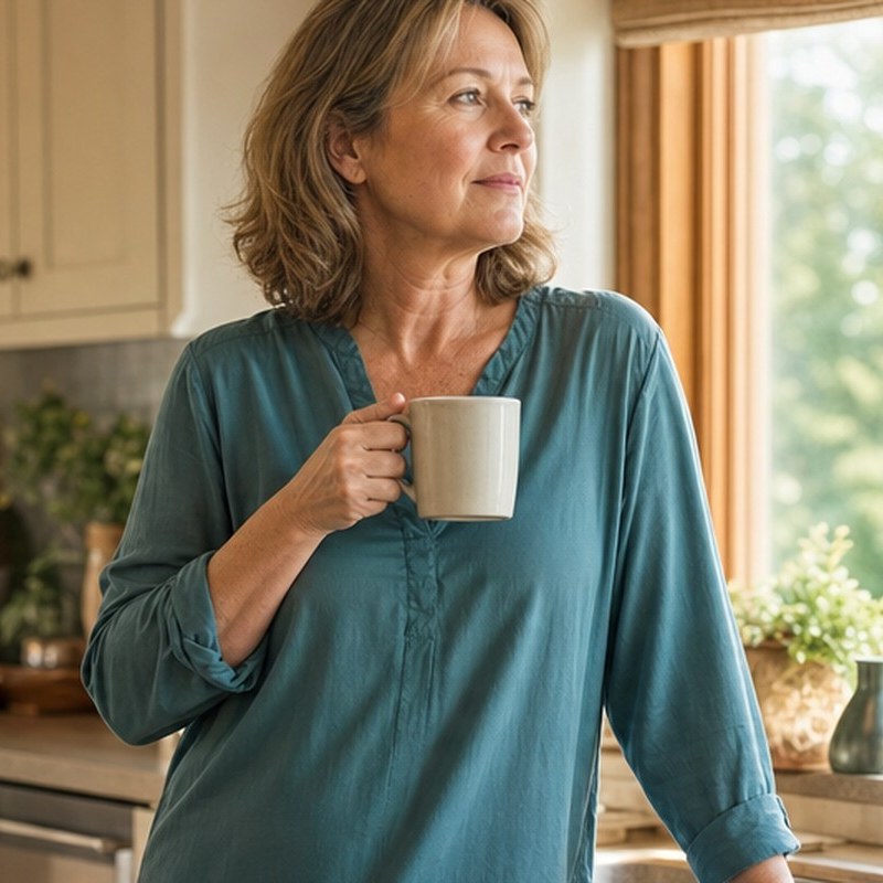 Homeowner looking out her kitchen window with a cup of coffee