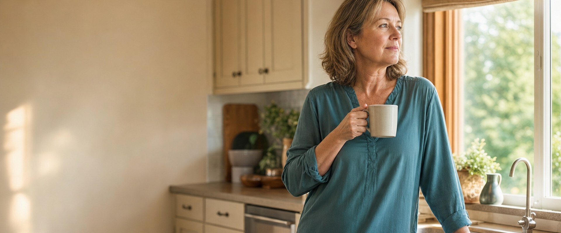 Homeowner looking out her kitchen window with a cup of coffee