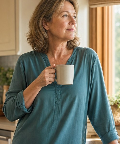 Homeowner looking out her kitchen window with a cup of coffee