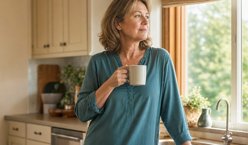 Homeowner looking out her kitchen window with a cup of coffee