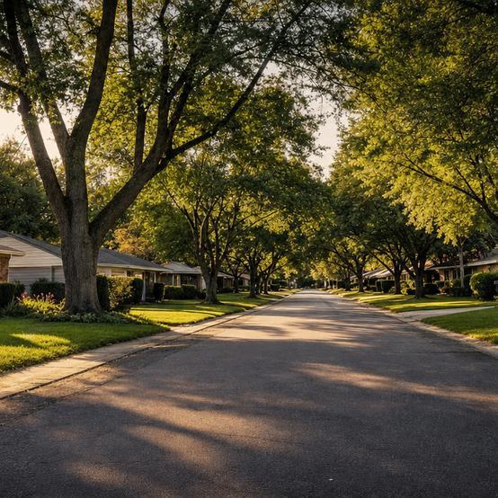Tree-lined residential street with single-family homes in late afternoon