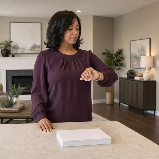 Real estate agent waiting at a quiet open house in a staged home