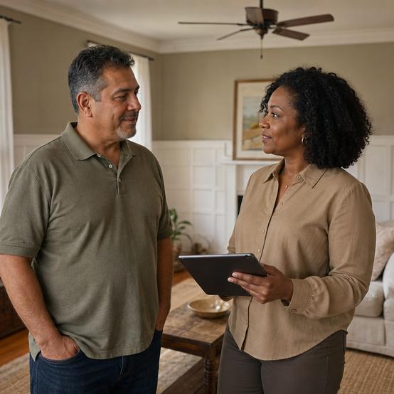 Savannah homeowner talking with a cash home buyer in his living room