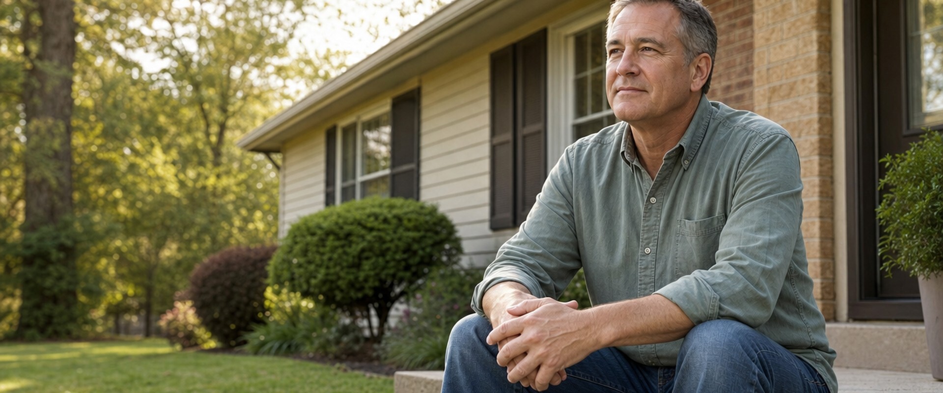 Homeowner sitting on the front steps of a house, looking out at the yard