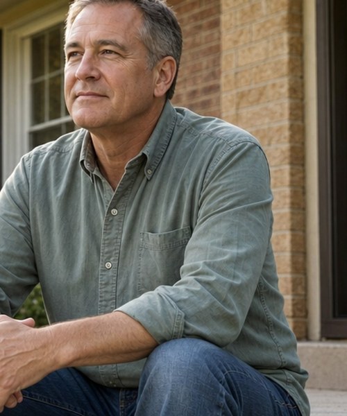 Homeowner sitting on the front steps of a house, looking out at the yard