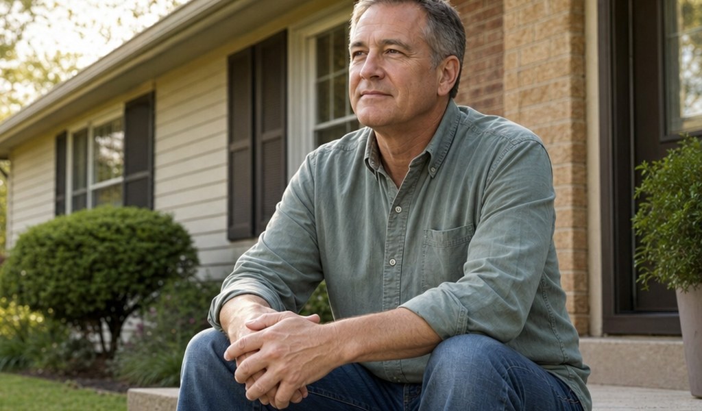 Homeowner sitting on the front steps of a house, looking out at the yard
