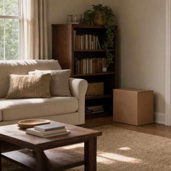 Quiet family living room in soft daylight with a single moving box