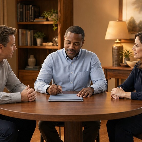 Two people meeting with a mediator at a conference table