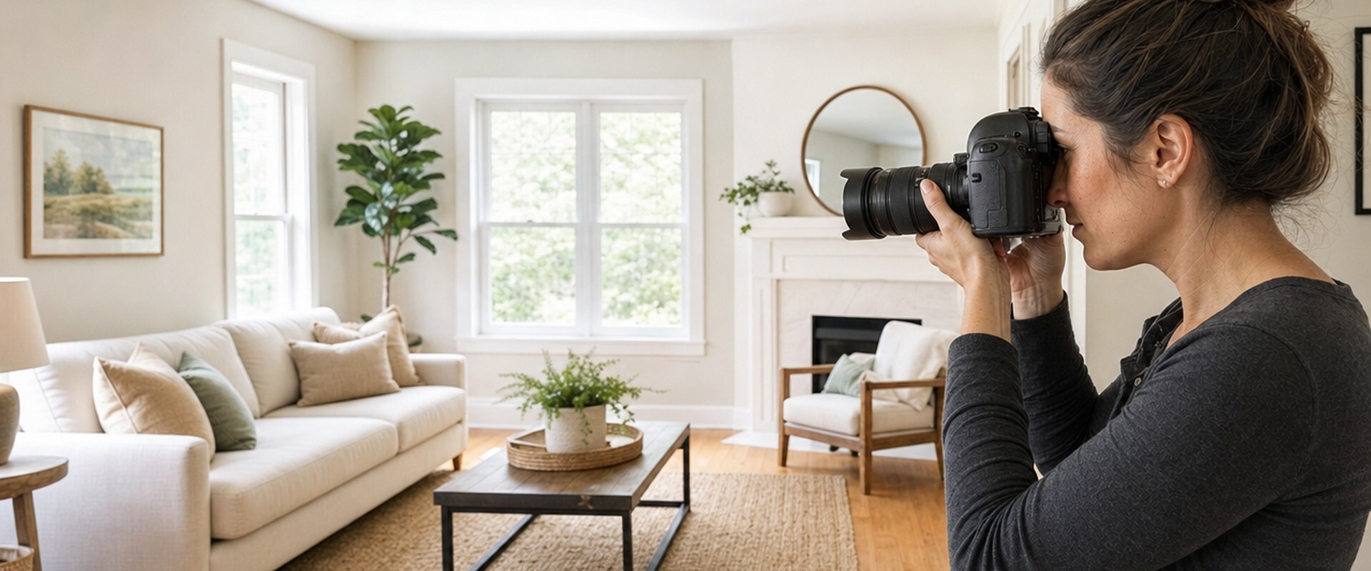 Real estate photographer taking listing photos in a bright living room