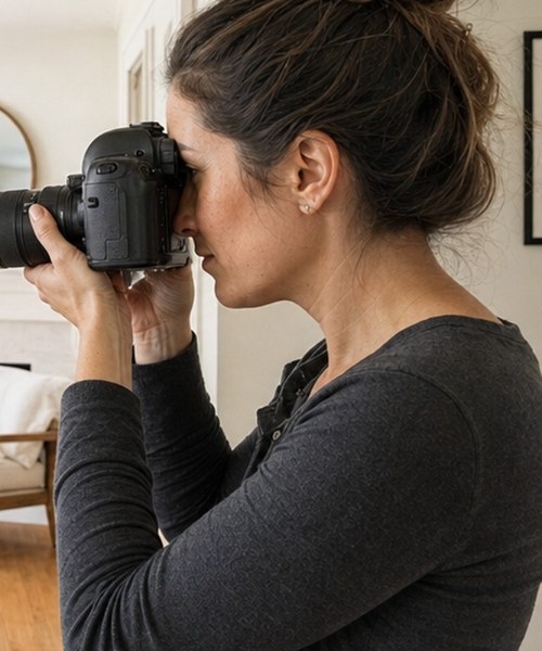 Real estate photographer taking listing photos in a bright living room