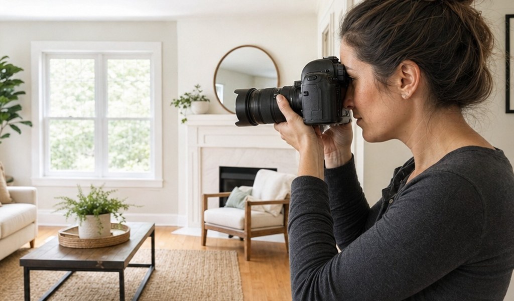 Real estate photographer taking listing photos in a bright living room