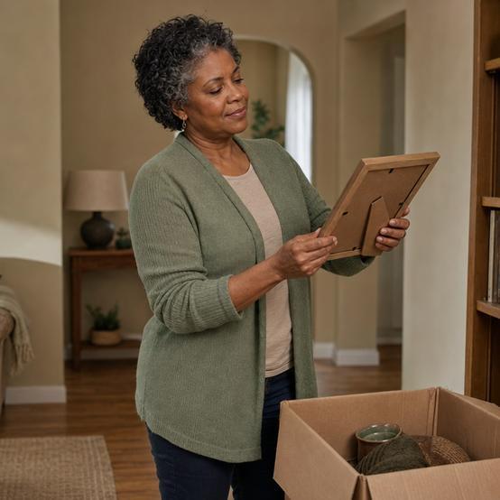 Homeowner packing framed photos from a bookshelf to declutter before listing