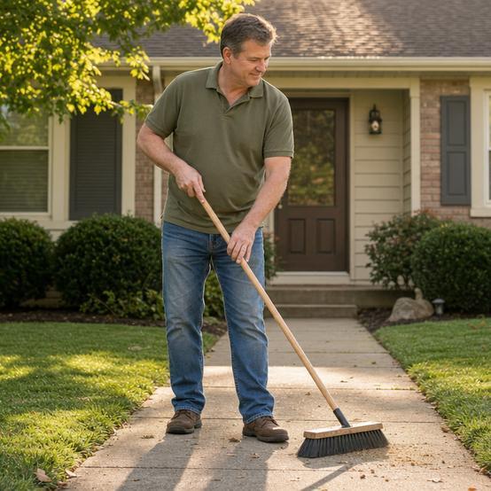 Homeowner sweeping the front walkway to improve curb appeal