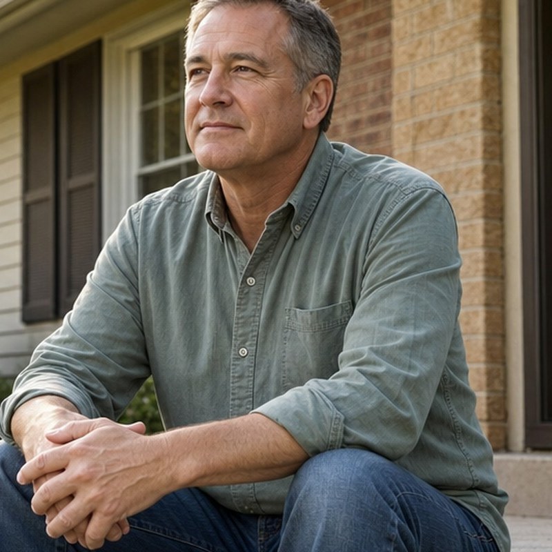 Homeowner sitting on the front steps of a house, looking out at the yard