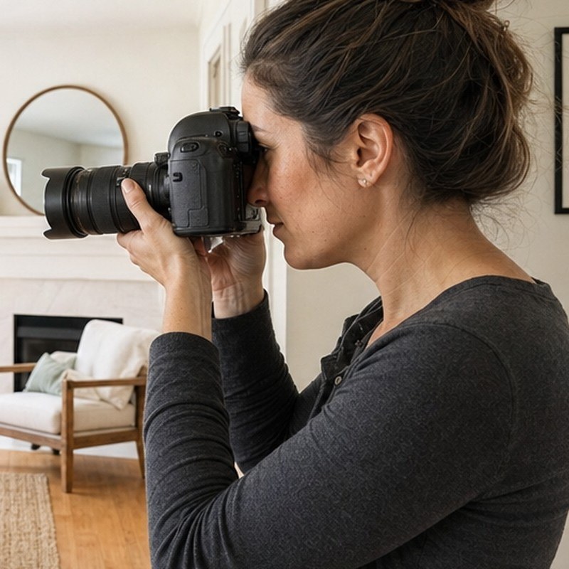 Real estate photographer taking listing photos in a bright living room